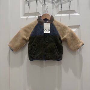 Zara Blue and Tan Fleece Jacket